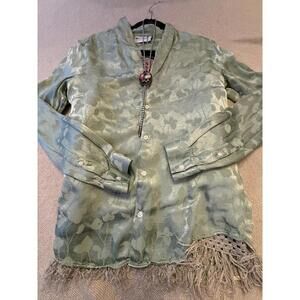 Ewa Design Green Floral Jacquard Button-Up Shirt with Fringe